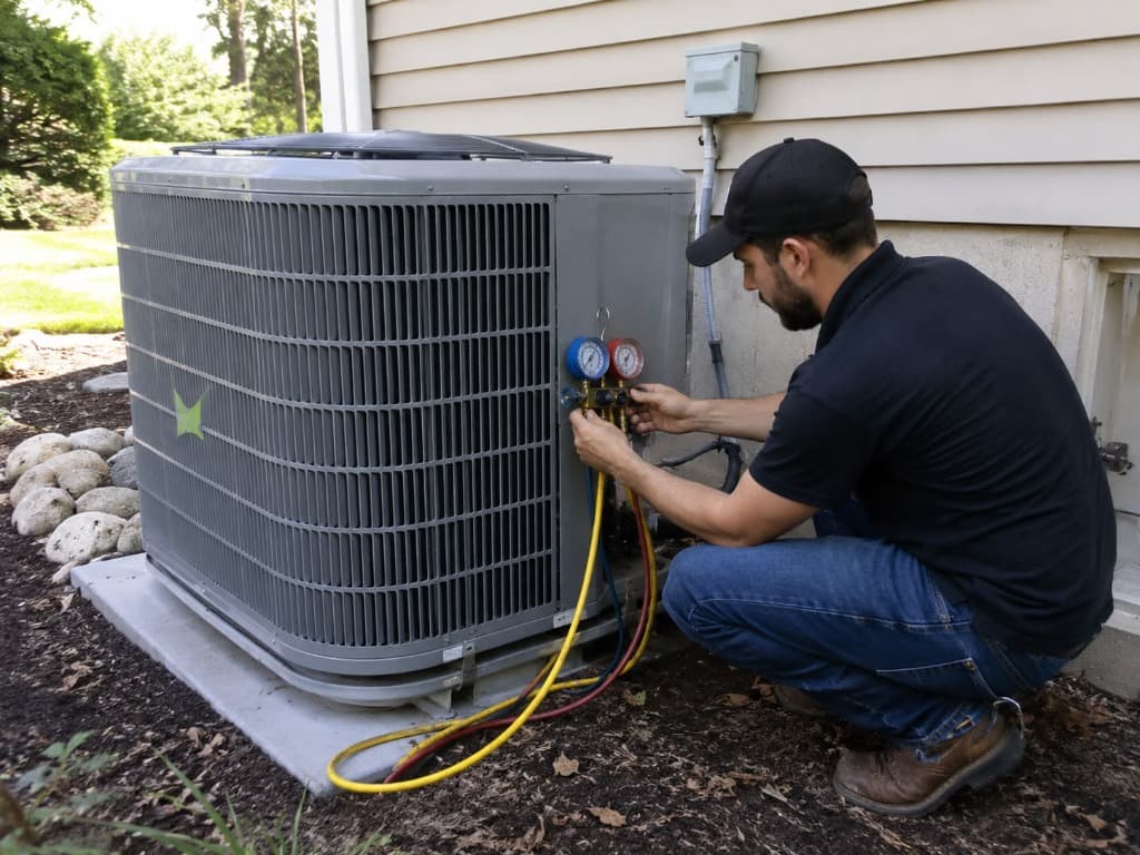 Airnet HVAC technician inspecting outdoor air conditioning condenser unit