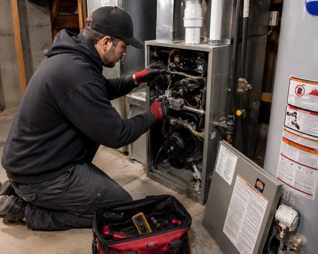 Heating Maintenance technician inspecting gas heating system in Texas