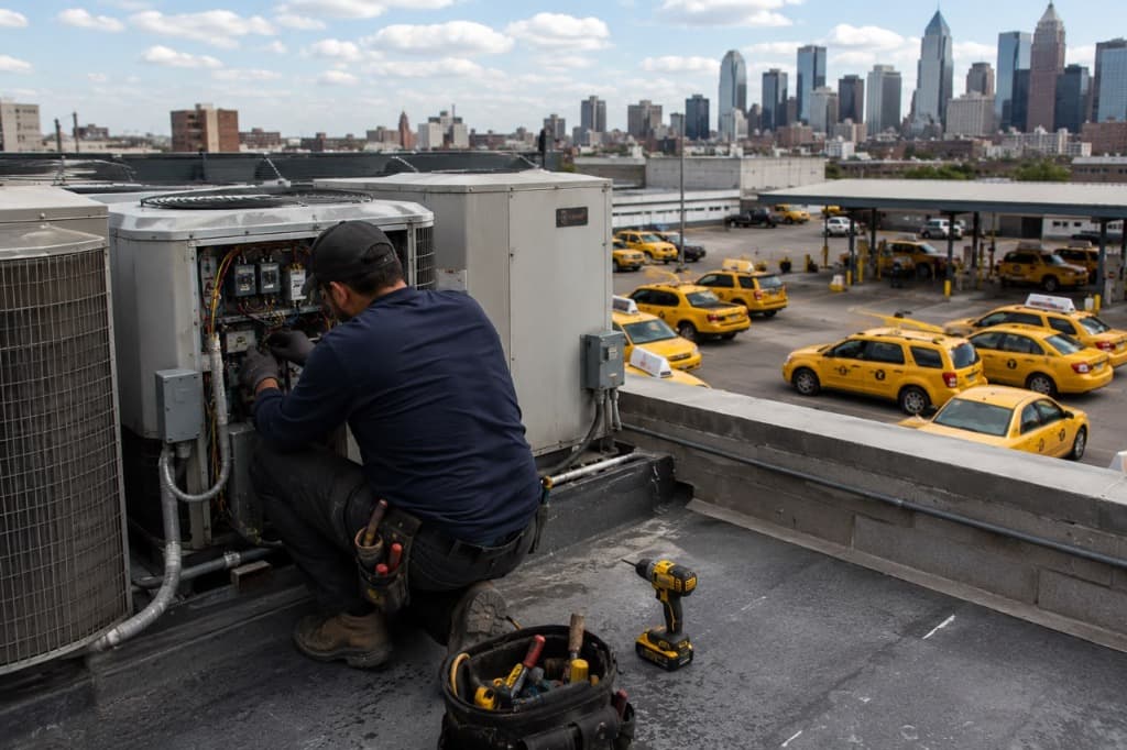 Areas We Serve - Texas HVAC Coverage Airnet HVAC technician servicing HVAC equipment on a rooftop overlooking Texas city skyline